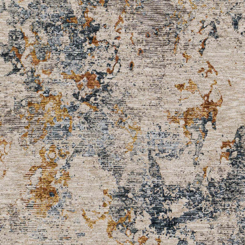 Close-up of the Tracyton Area Rug, showcasing its cream, blue, and mustard contemporary pattern and soft polyester texture. Swatch