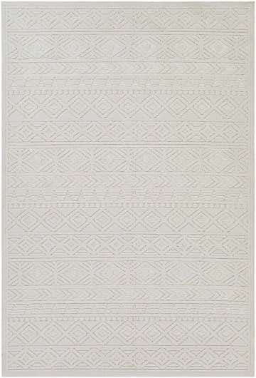 Close-up of the Treuddyn 3D Outdoor Area Rug. Light beige rug with a geometric, bohemian-inspired pattern. Design-Rectangle-5373