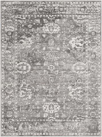 Close-up of the Tripp Distressed Gray Rug. Traditional oriental design in charcoal, gray, light gray, and white. Design-Rectangle-5373