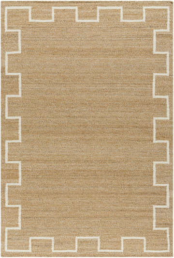 Close-up of the Aileen Area Rug. Hand woven wool rug in tan with a geometric pearl white border. Design-Rectangle-576