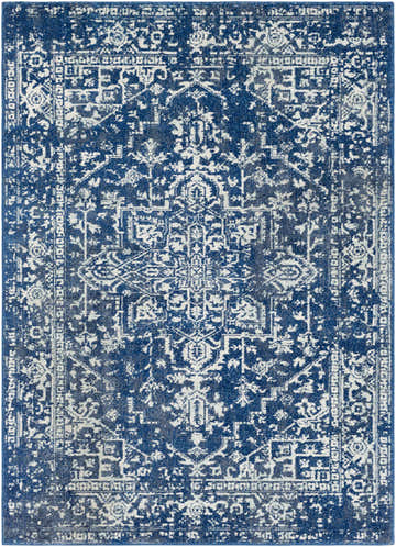 Close-up of the Truchas Area Rug - Clearance, featuring a traditional navy and light beige oriental pattern. Design-Rectangle-5373