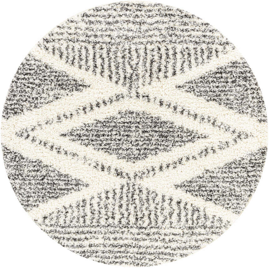 Close-up of round Trunding Plush Area Rug. Charcoal and cream shag rug with a diamond pattern. Design-Round-53