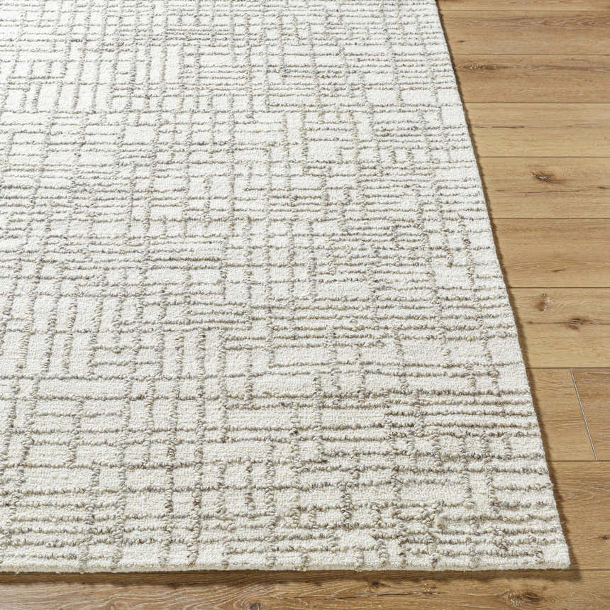 Close-up of the hand-tufted Tibby Area Rug. Light silver wool rug with a geometric, silver gray pattern on a wood floor. Front