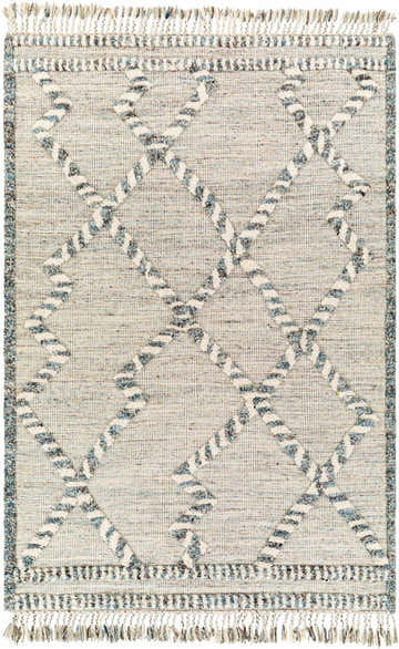 Close-up of hand-knotted Tubao Area Rug. Ivory rug with blue and white striped diamond pattern and fringe. Design-Rectangle-576