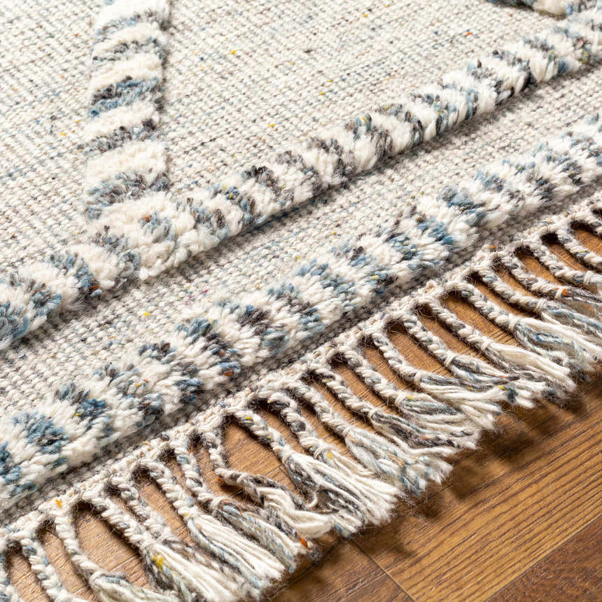 Close-up of the hand-knotted Tubao Area Rug showing its ivory, gray, and brown wool texture and fringe detail. Texture