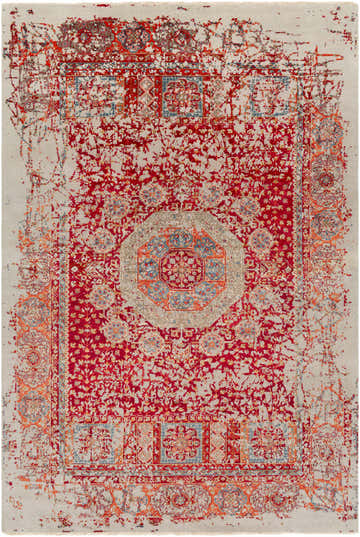 Close-up of the Tulare Clearance Rug, a hand-knotted rectangle rug with red, orange, and blue traditional patterns on a light background. Design-Rectangle-69