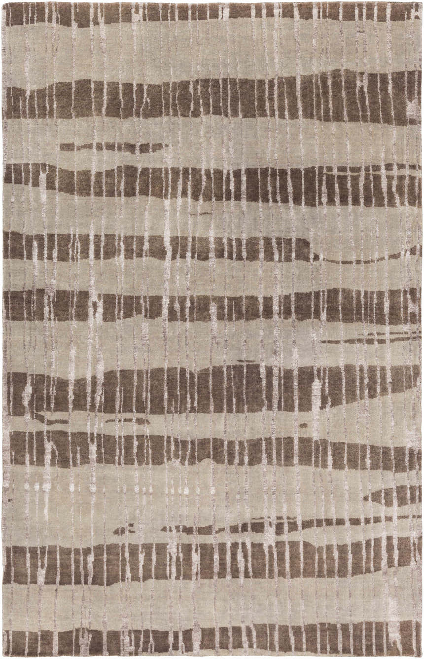 Close-up of the hand-knotted Turbeville Premium Area Carpet. Dark brown and light beige contemporary wool rug. Design-Rectangle-58