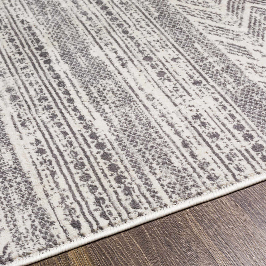 Close up of the Tuy Area Rug showing its dark gray, light gray, and nutmeg bohemian-style pattern. Texture