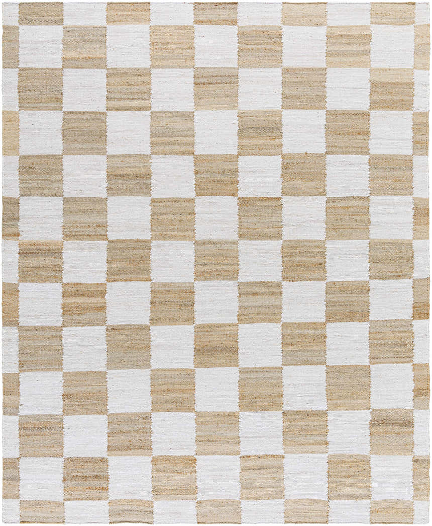 Close-up of the hand woven Tyhir Checkered Jute Rug. Light brown and light slate squares create a farmhouse checkerboard pattern. Design-Rectangle-810