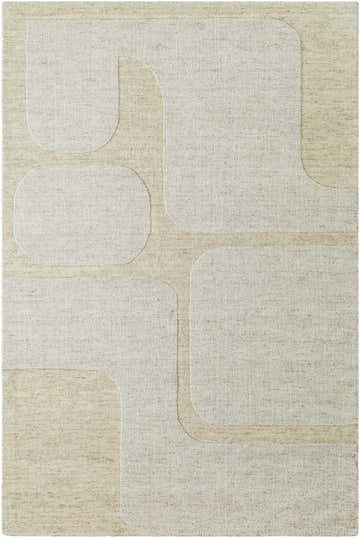 Close-up of the hand-loomed Winka Area Rug. Contemporary design with ash, pearl, and tan geometric shapes. 100% Wool texture. Design-Rectangle-576