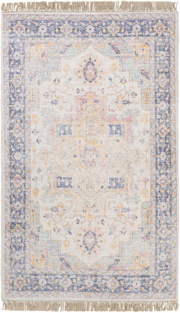Detailed Tyro Carpet with a bohemian design in aqua, beige, and burnt orange tones. Hand-woven rectangular rug with fringe. Design-Rectangle-576