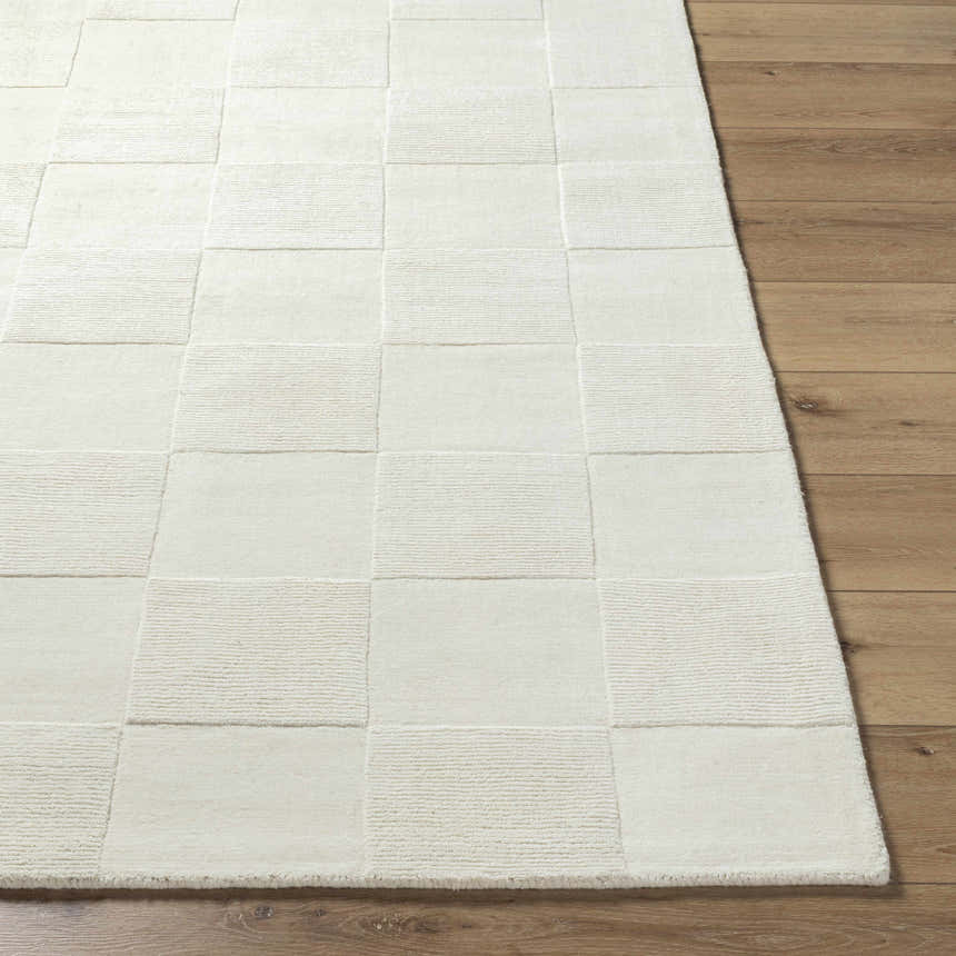 Close up of the light silver Tegan Area Rug showing its hand loomed, contemporary block design and wool texture. Front