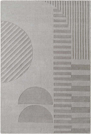 Close-up of the Tohfa Area Rug, hand-loomed wool with a contemporary geometric design in sage and silver gray. Design-Rectangle-576