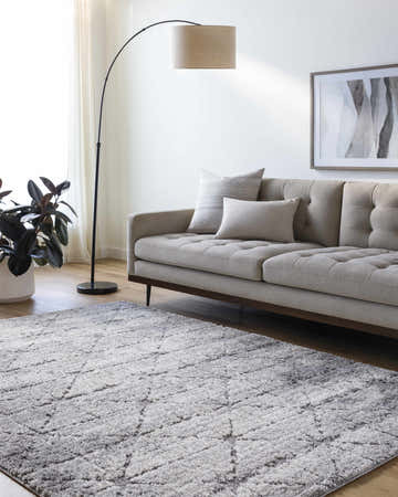 Living room scene with gray sofa and Tyree Distressed Gray Trellis Area Rug in silver gray, light silver, and sage. Roomscene-Rectangle