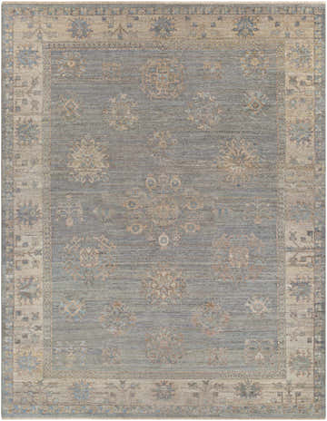 Close-up of the hand-knotted Ulukisla Area Rug. Features a traditional design in blue, cream, beige, mauve, and sage wool. Design-Rectangle-810