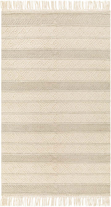 Close-up of the hand woven Ummi Wool Rug with Tassels. Bone, driftwood, and neutral stripes with diamond pattern. Design-Rectangle-58