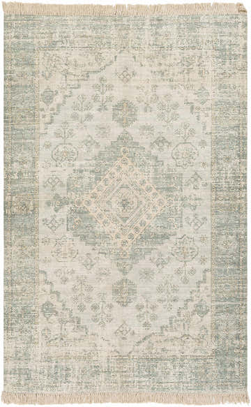 Close-up of the Undy Handmade Cotton-blend Rug. Green, olive, and white bohemian rug with a traditional, hand-woven pattern. Design-Rectangle-576