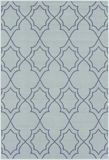 Close-up of Ursa Area Rug. Pale blue olefin rug with navy geometric trellis pattern. Machine woven. Design-Rectangle-5376