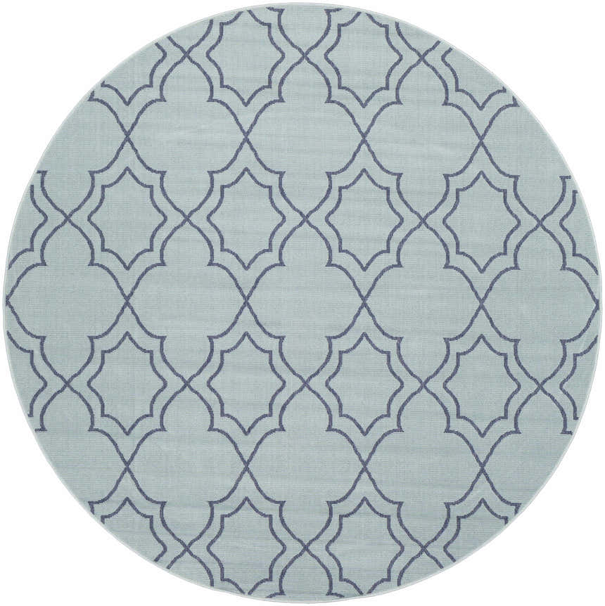 Close-up of a round Ursa Area Rug. Navy geometric trellis pattern on pale blue olefin. Design-Round-73