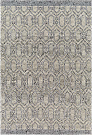 Close-up of the hand woven Vahe Area Rug; dark gray geometric pattern on a natural gray background. Design-Rectangle-576