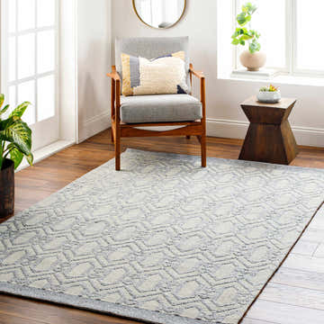 Living room scene with a gray chair and Vahe Area Rug in dark gray and natural gray. Roomscene-Rectangle