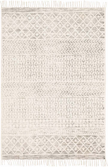 Close-up of the Valyermo Beige rug. Hand woven cotton rug with charcoal, beige, and geometric patterns, plus fringe. Design-Rectangle-576