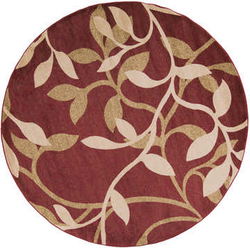 Burgundy round Vancleave Area Rug with light beige and gold leaf pattern. Farmhouse style. Design-Round-8