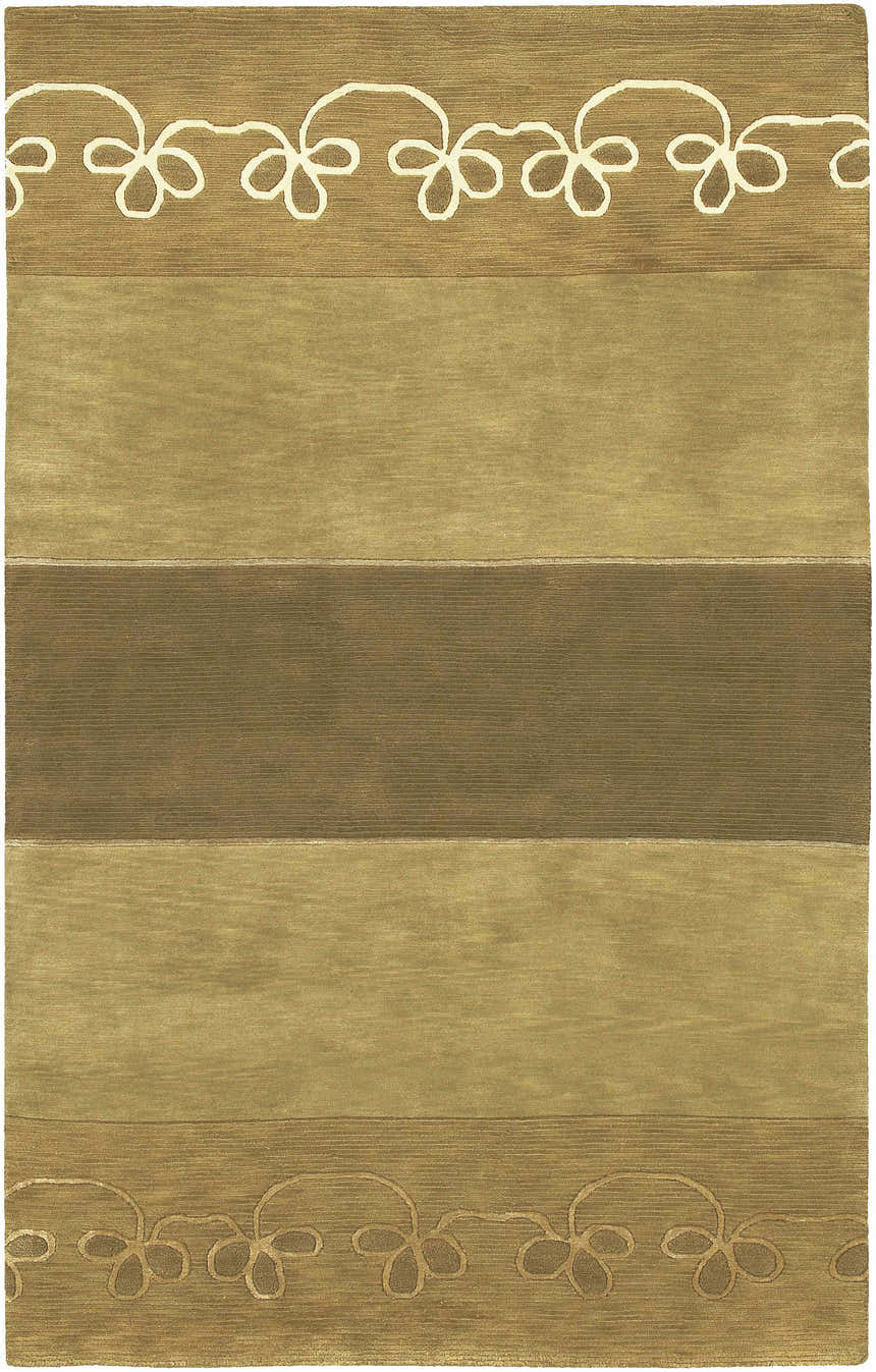 Close-up of the Vestal Area Rug featuring horizontal stripes and a floral vine pattern in shades of gold and brown. Design-Rectangle-58