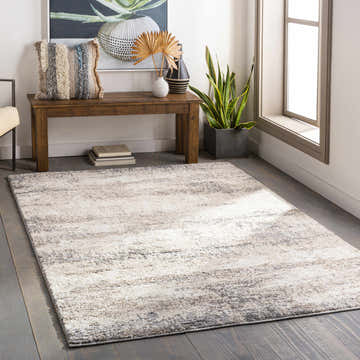 Living room scene with a beige and gray Vesper Textured Plush Area Rug on dark wood floors. Roomscene-Rectangle