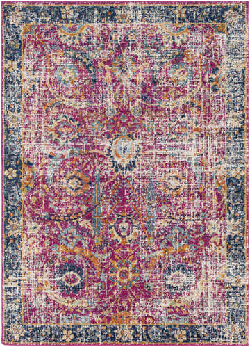 Close-up of the Vick Area Rug featuring a vintage, traditional design with burgundy, navy, and burnt orange colors. Design-Rectangle-46