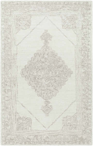 Close-up of the Vanna Area Rug, a light silver wool rug with a traditional silver gray diamond and floral pattern. Design-Rectangle-58