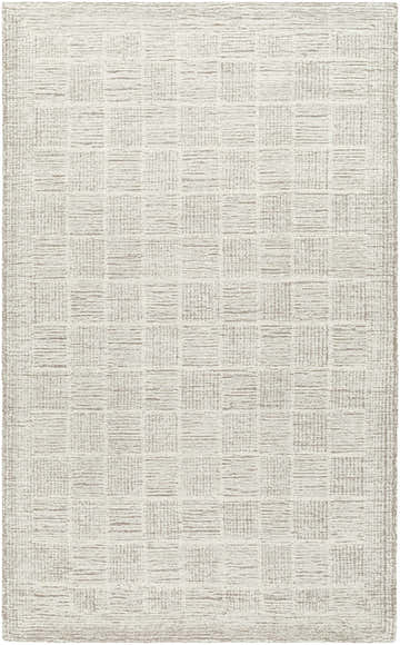 Close-up of the Urian Area Rug. Light silver and silver gray wool rug with a contemporary, subtle grid pattern. Hand-tufted texture. Design-Rectangle-58