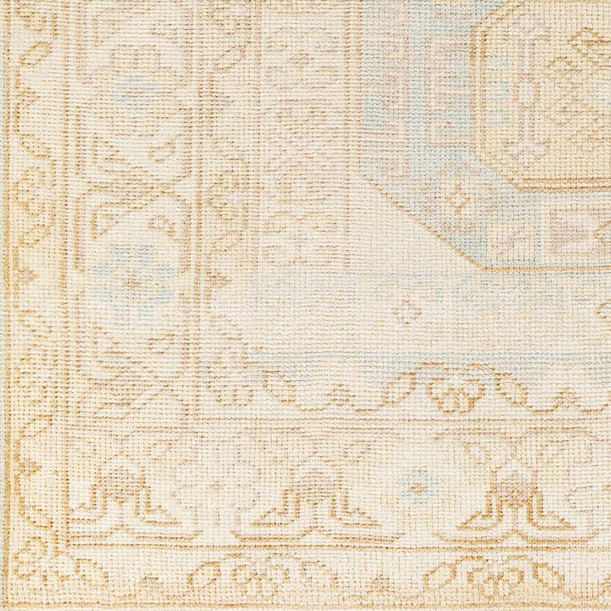 Close-up of the Villareal Area Rug showing cream, light beige, and ice blue hues in a traditional hand-knotted pattern. Swatch