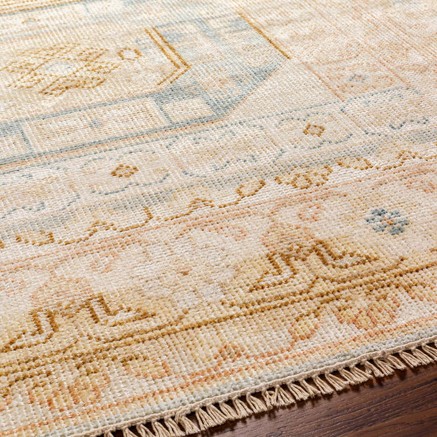 Close-up of the hand-knotted Villareal Area Rug, showcasing its cream, dusty pink, and ice blue oriental pattern and wool texture. Texture