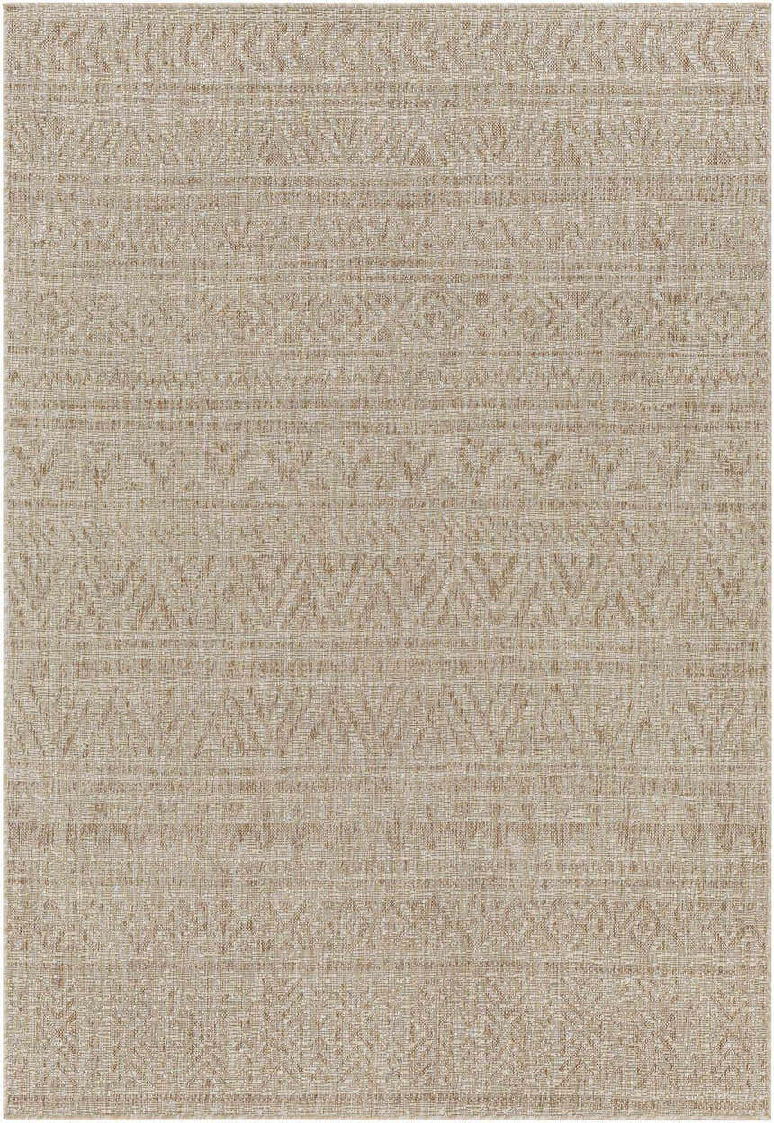 Close-up of the Vanderhoof Indoor & Outdoor Rug. Nutmeg and mocha tones create a subtle bohemian pattern. Machine woven texture. Design-Rectangle-5377