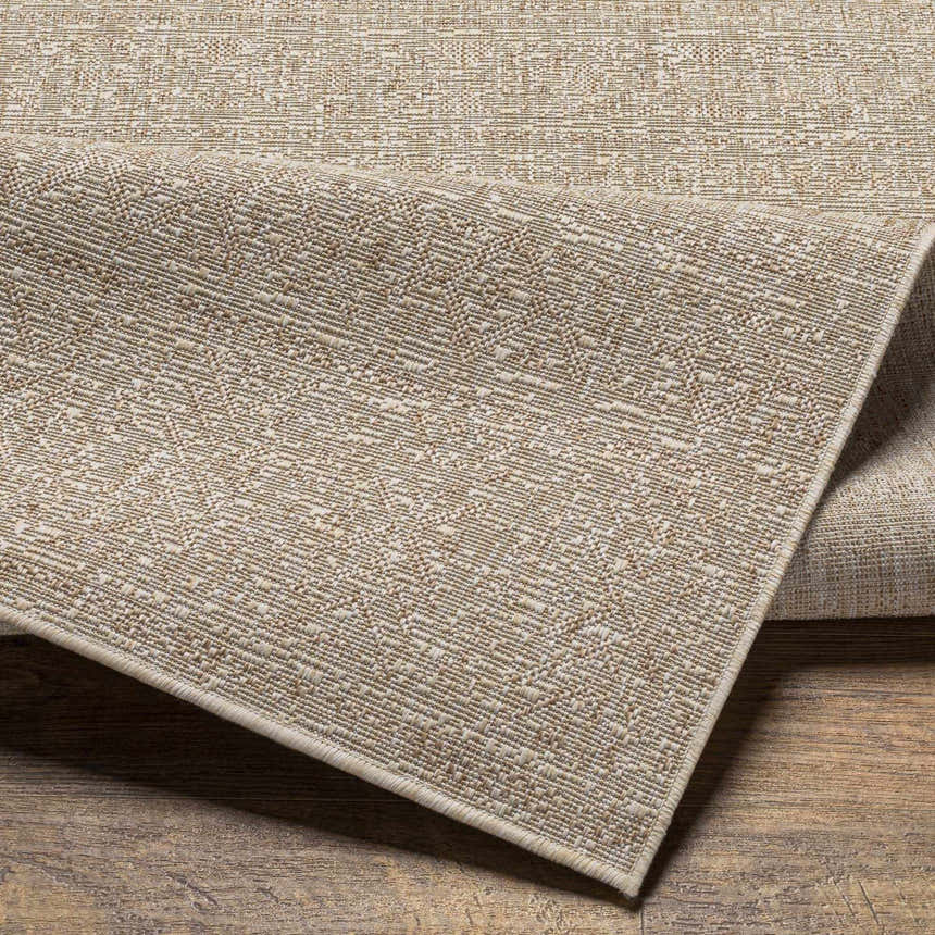Close-up of the Vanderhoof Indoor & Outdoor Rug showing its mocha and light peach woven texture and neutral color palette. Fold