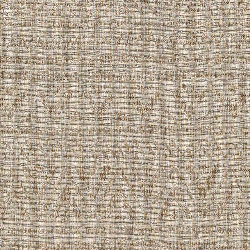 Close-up of the Vanderhoof Indoor & Outdoor Rug, showcasing its mocha and light peach bohemian pattern and woven texture. Swatch