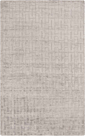 Close-up of the hand woven Voca Area Carpet. Features a contemporary geometric pattern in neutral gray tones. Design-Rectangle-58