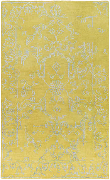 Close-up of the Voorhees Area Carpet. Hand-knotted rug in olive with a slate traditional pattern. Wool and viscose blend. Design-Rectangle-58