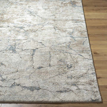 Close-up of a Venti Thick Luxe Rug showing beige, gray, and tan abstract pattern and plush texture on wood floor. Front