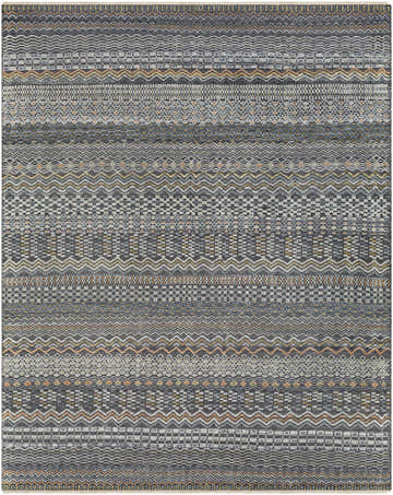 Detailed texture of a Verdigris Premium Rug. Hand-knotted wool and viscose rug in charcoal, ice blue, peach, and wheat colors. Design-Rectangle-810