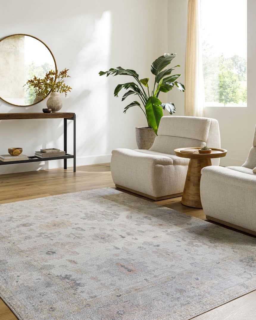 Light-filled living room with neutral chairs and a Valko Area Rug in dusty pink, gray, and light brown. Farmhouse style. Roomscene-Rectangle