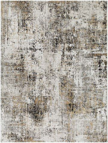 Close-up of the Vesna Area Rug. Machine-woven polyester rug in charcoal, ivory, mustard, peach, and tan with a Southwestern style pattern. Design-Rectangle-537