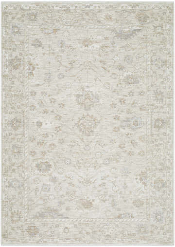 Close-up of the Vaman Luxe Rug. Light silver and sterling gray traditional floral pattern. Machine woven polyester rug. Design-Rectangle-279