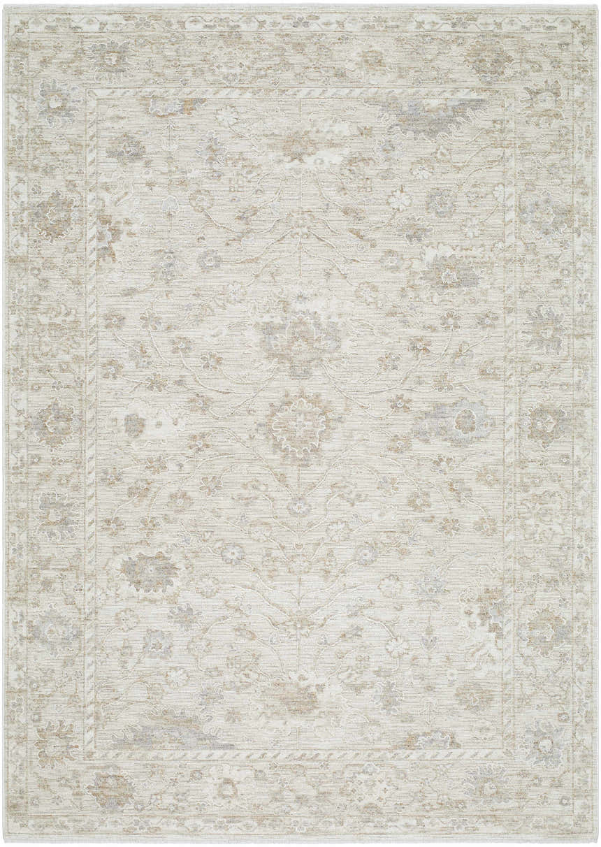 Close-up of the Vaman Luxe Rug. Light silver and sterling gray traditional floral pattern. Machine woven polyester rug. Design-Rectangle-279