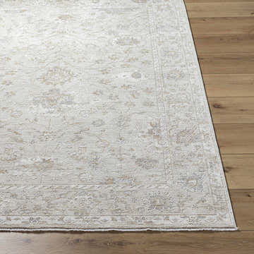 Close up of the light silver Vaman Luxe Rug showing its traditional floral pattern and texture. Front