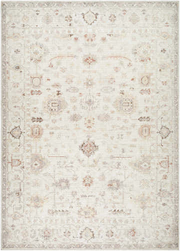 Close-up of the Verna Area Rug. Traditional rug design in ivory, dark brown, dusty coral, gray, peach, and sage. Design-Rectangle
