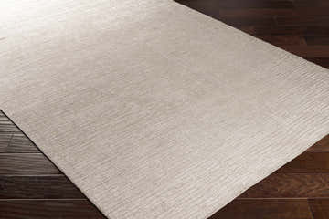 Close-up of the Walnutport Premium Rug. Light beige, hand-loomed viscose rug with subtle texture on dark wood floors. Corner
