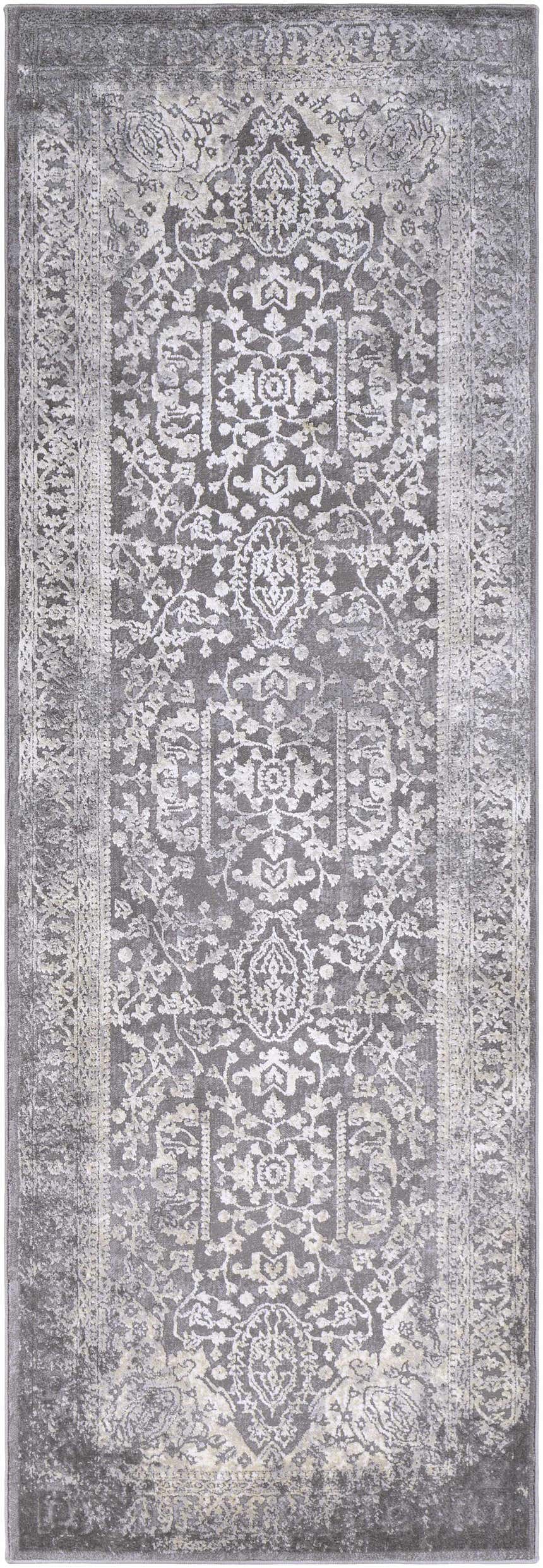 Close-up of the Watford Updated Traditional Tibetan Rug, showcasing its charcoal, gray, and ivory vintage-inspired pattern. Design-Runner-2776