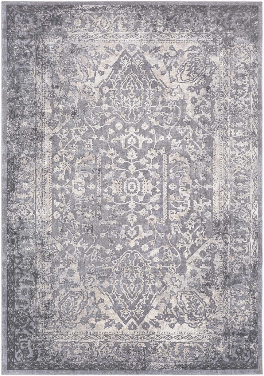 Close-up of the Watford Updated Traditional Tibetan Rug with charcoal, gray, ivory, and tan vintage-inspired floral pattern. Design-Rectangle-5376